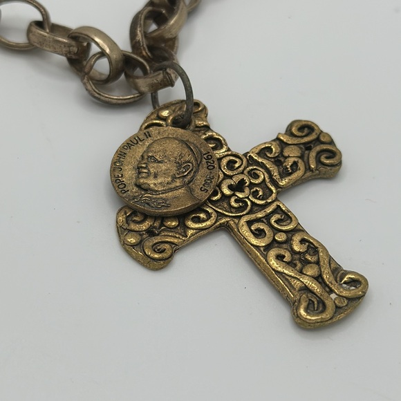 Boho brass chain with cross and pope John Paul ll medallion necklace - Picture 4 of 4